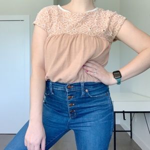 Free People Peach Embroidered Floral Short Sleeve Top